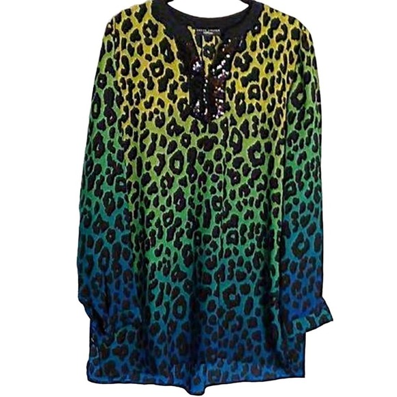 Susan Graver Artisan Green Leopard Print Sequin Tunic Size 4 - Picture 8 of 8